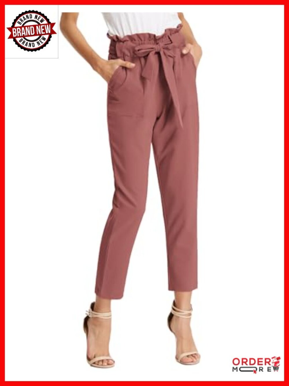 Women's High Waist Cropped Work Pants Paper Bag Waist Trousers Business Casual
